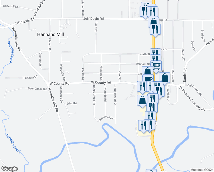 map of restaurants, bars, coffee shops, grocery stores, and more near 307 West County Road in Thomaston