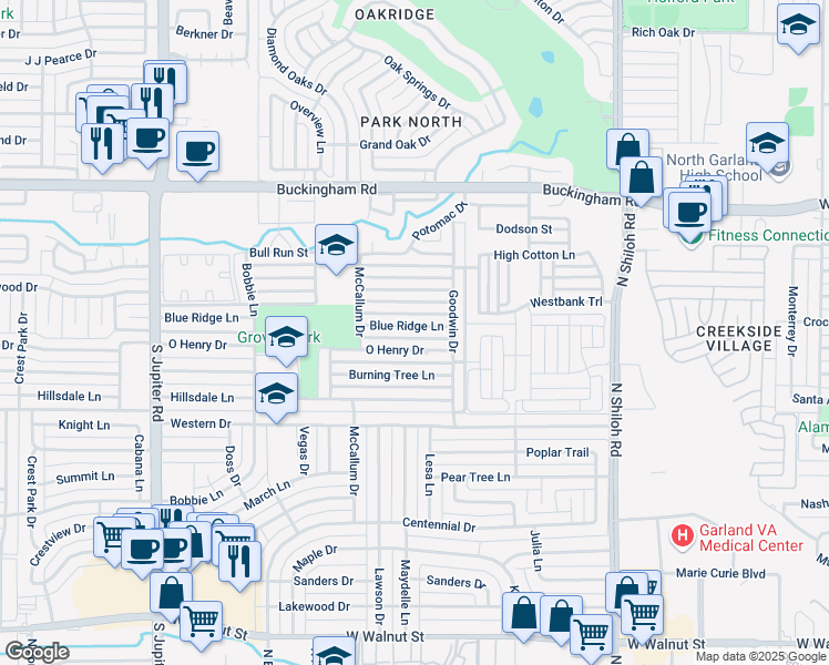 map of restaurants, bars, coffee shops, grocery stores, and more near 2926 Blueridge Lane in Garland