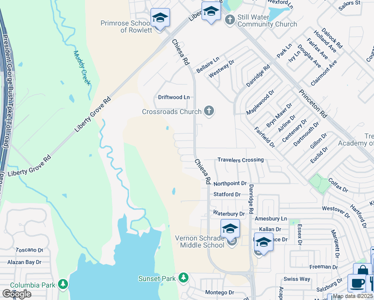 map of restaurants, bars, coffee shops, grocery stores, and more near 4 Oakridge in Rowlett