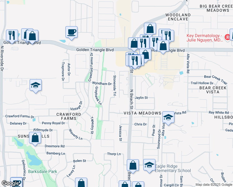 map of restaurants, bars, coffee shops, grocery stores, and more near 10516 StonesideTrail in Fort Worth