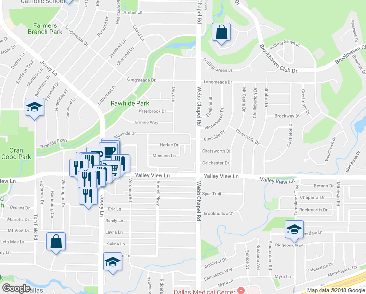 map of restaurants, bars, coffee shops, grocery stores, and more near 2982 Marsann Lane in Farmers Branch