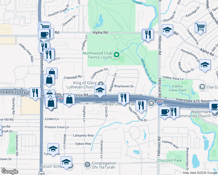 map of restaurants, bars, coffee shops, grocery stores, and more near 6523 Ridgeview Circle in Dallas