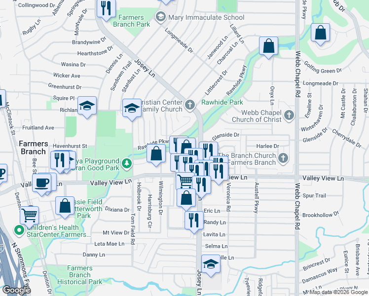 map of restaurants, bars, coffee shops, grocery stores, and more near 2826 Golfing Green Drive in Farmers Branch