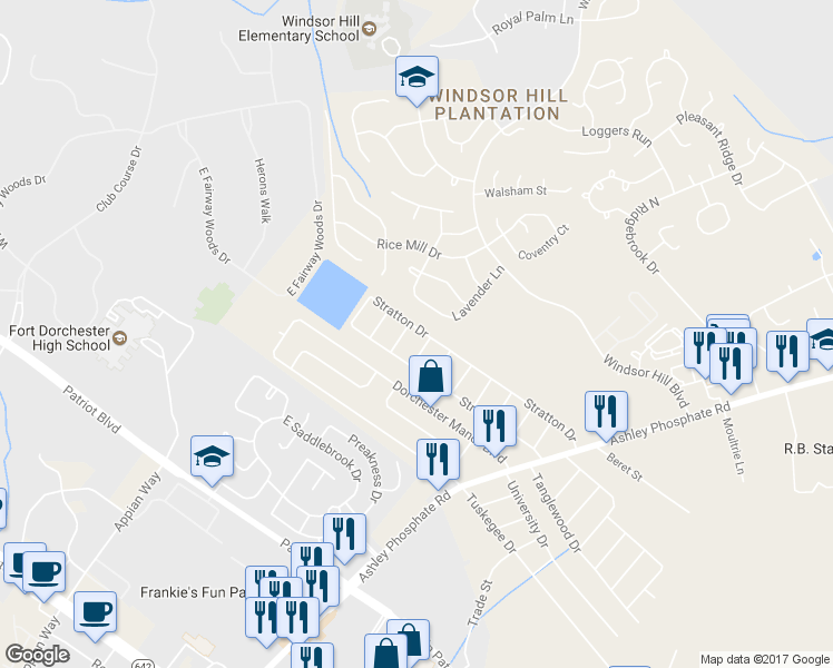 map of restaurants, bars, coffee shops, grocery stores, and more near 163 Stratton Drive in Charleston