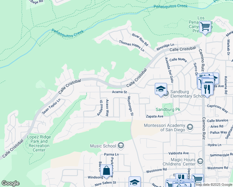 map of restaurants, bars, coffee shops, grocery stores, and more near 7725 Acama Street in San Diego
