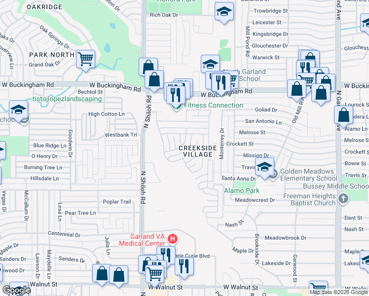 map of restaurants, bars, coffee shops, grocery stores, and more near 2302 Jacqueline Drive in Garland