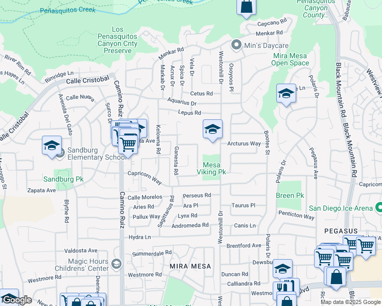 map of restaurants, bars, coffee shops, grocery stores, and more near 8669 Keystone Court in San Diego