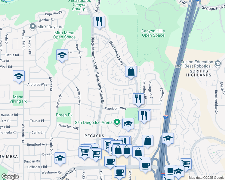 map of restaurants, bars, coffee shops, grocery stores, and more near 9409 Compass Point Drive South in San Diego
