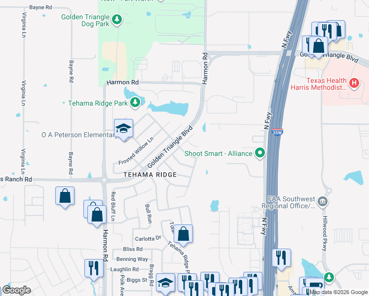 map of restaurants, bars, coffee shops, grocery stores, and more near 10432 Misty Redwood Trail in Fort Worth
