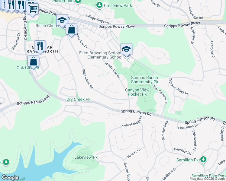 map of restaurants, bars, coffee shops, grocery stores, and more near 11428 Bracken Fern Cove in San Diego