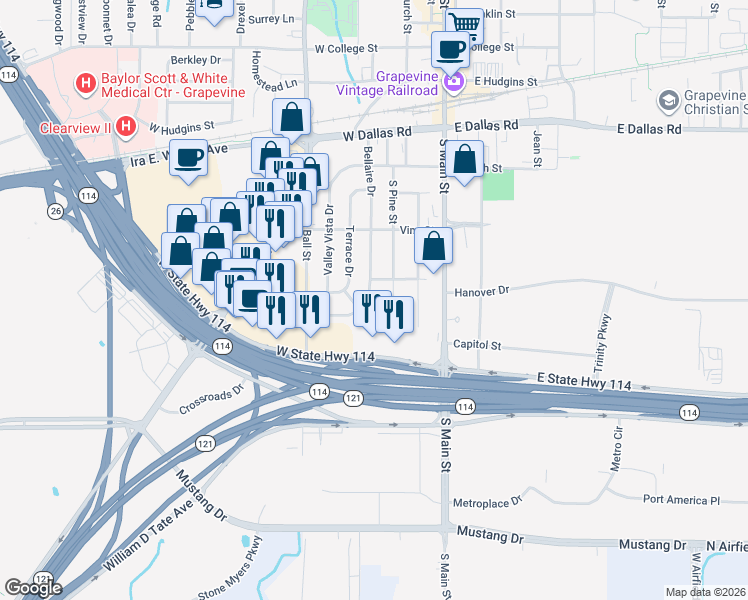 map of restaurants, bars, coffee shops, grocery stores, and more near 1319 Bellaire Drive in Grapevine