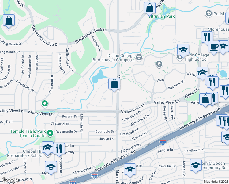 map of restaurants, bars, coffee shops, grocery stores, and more near 13214 Cedar Lane in Farmers Branch