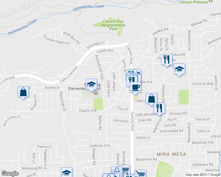 map of restaurants, bars, coffee shops, grocery stores, and more near 11257 Calle Dario in San Diego