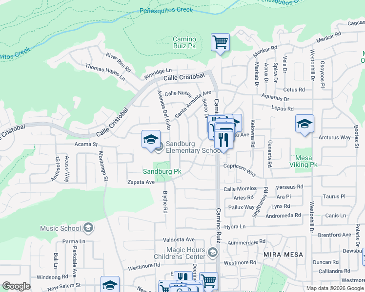 map of restaurants, bars, coffee shops, grocery stores, and more near 11257 Calle Dario in San Diego