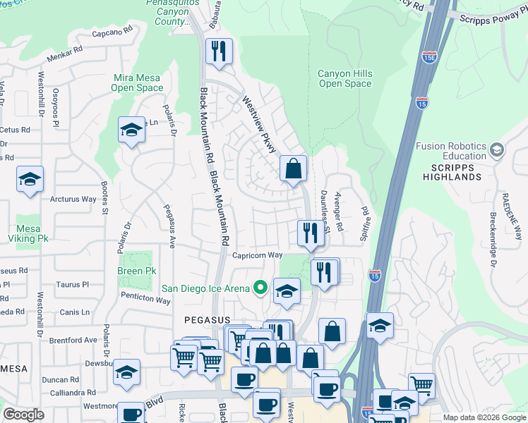map of restaurants, bars, coffee shops, grocery stores, and more near 9481 Compass Point Drive South in San Diego