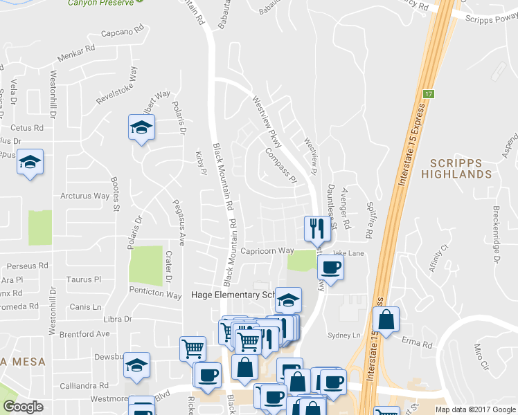 map of restaurants, bars, coffee shops, grocery stores, and more near 9407 Compass Point Dr S in San Diego