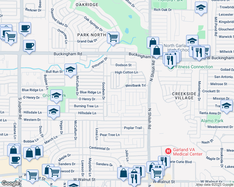 map of restaurants, bars, coffee shops, grocery stores, and more near 2642 Westbank Trail in Garland