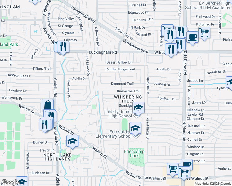 map of restaurants, bars, coffee shops, grocery stores, and more near 10136 Cimmaron Trail in Dallas