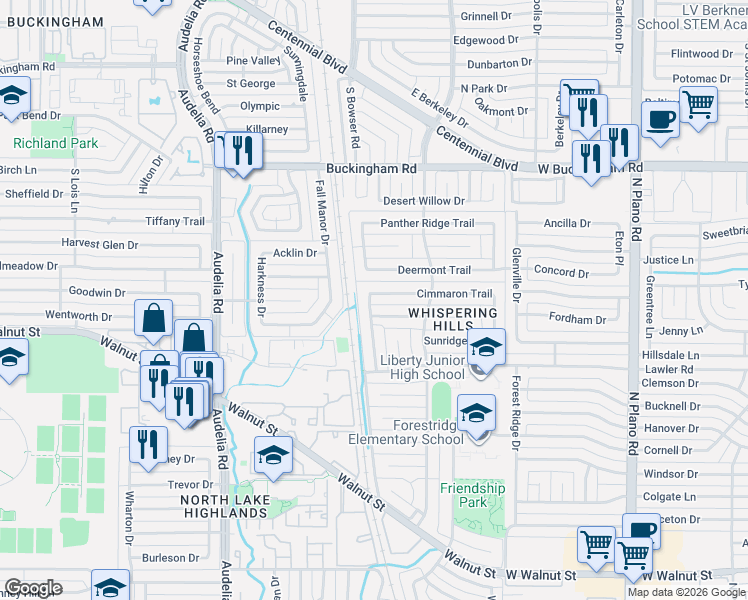 map of restaurants, bars, coffee shops, grocery stores, and more near 10106 Cimmaron Trail in Dallas