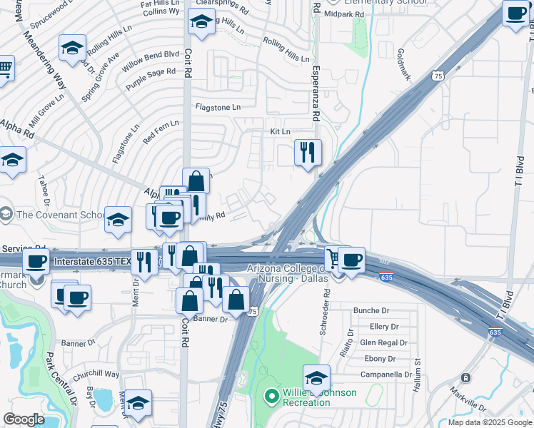 map of restaurants, bars, coffee shops, grocery stores, and more near 13111 North Central Expressway in Dallas