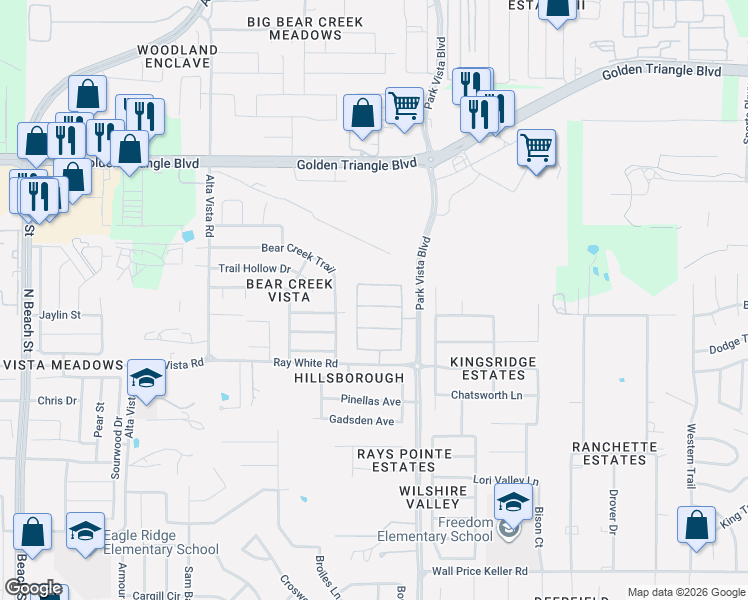 map of restaurants, bars, coffee shops, grocery stores, and more near 5101 Dominica Lane in Fort Worth