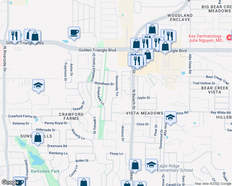 map of restaurants, bars, coffee shops, grocery stores, and more near 10516 StonesideTrail in Fort Worth