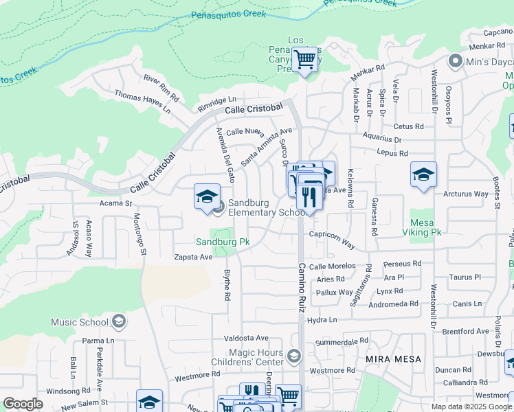 map of restaurants, bars, coffee shops, grocery stores, and more near 11262 Calle Jalapa in San Diego