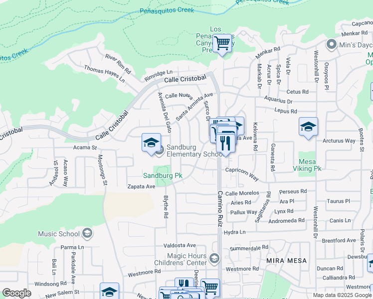 map of restaurants, bars, coffee shops, grocery stores, and more near 11262 Calle Jalapa in San Diego
