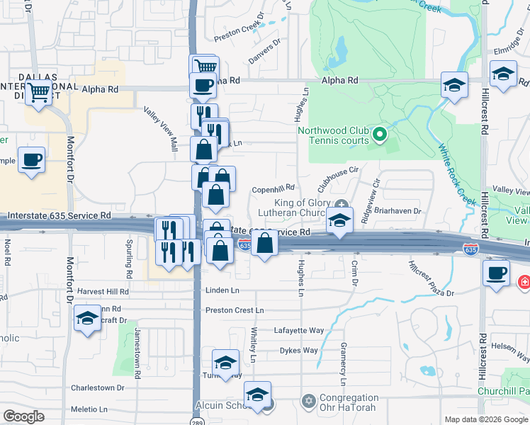 map of restaurants, bars, coffee shops, grocery stores, and more near 6201 Twin Oaks Circle in Dallas