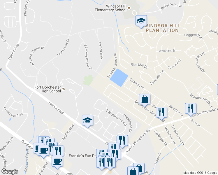 map of restaurants, bars, coffee shops, grocery stores, and more near 184 Dorchester Manor Boulevard in Charleston