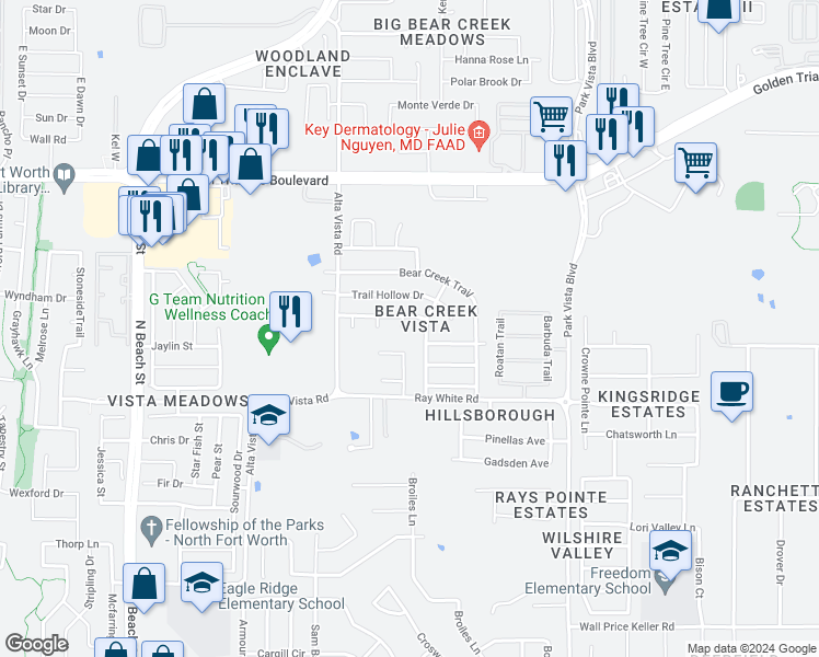 map of restaurants, bars, coffee shops, grocery stores, and more near 10408 Wood Leaf Court in Fort Worth