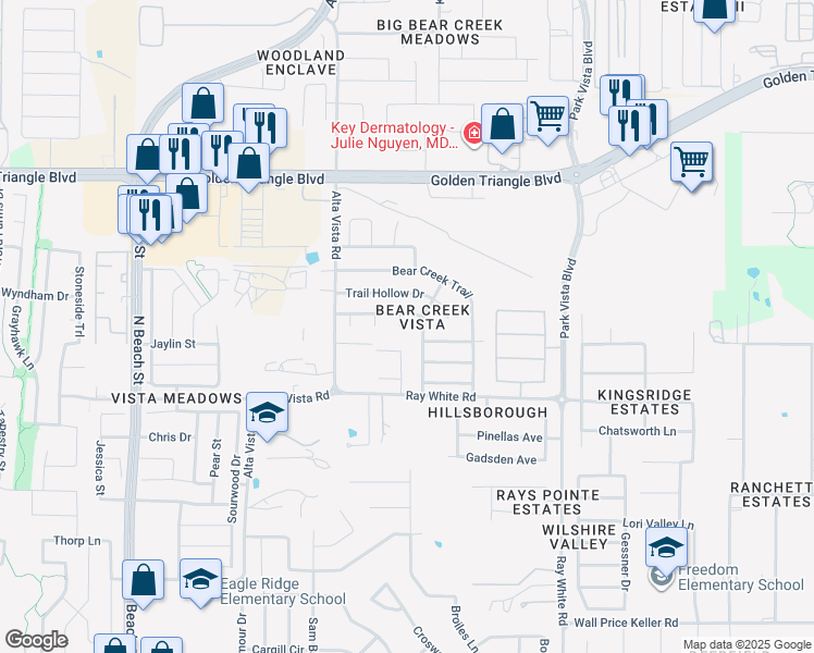 map of restaurants, bars, coffee shops, grocery stores, and more near 10408 Wood Leaf Court in Fort Worth
