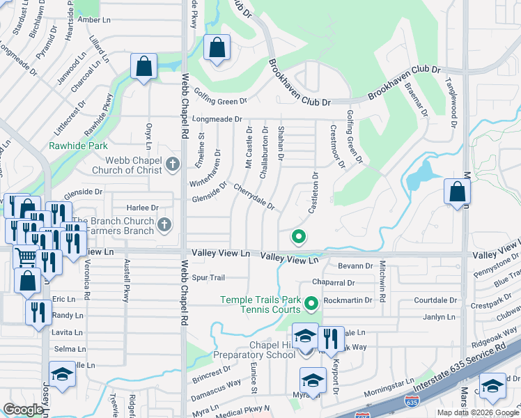 map of restaurants, bars, coffee shops, grocery stores, and more near 13319 Shahan Drive in Farmers Branch