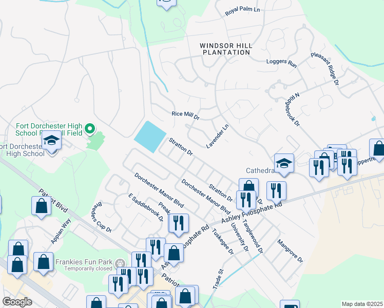 map of restaurants, bars, coffee shops, grocery stores, and more near 66 Stratton Drive in North Charleston