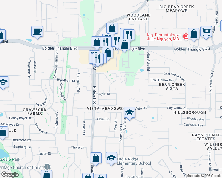 map of restaurants, bars, coffee shops, grocery stores, and more near 10412 Donnis Drive in Fort Worth