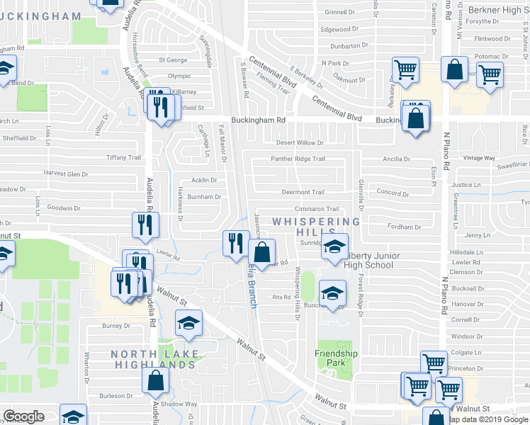 map of restaurants, bars, coffee shops, grocery stores, and more near 10106 Cimmaron Trail in Dallas