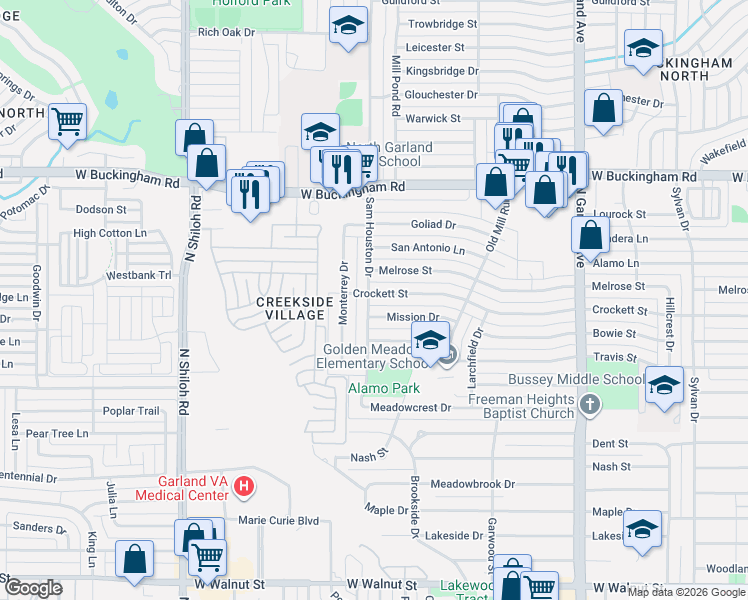 map of restaurants, bars, coffee shops, grocery stores, and more near 1922 Crockett St in Garland