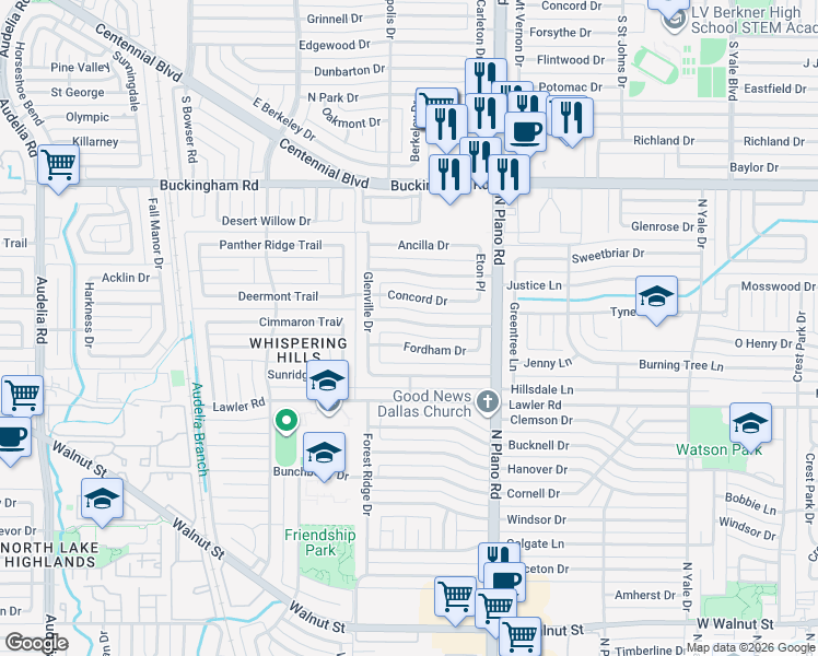 map of restaurants, bars, coffee shops, grocery stores, and more near 4628 Danville Drive in Garland