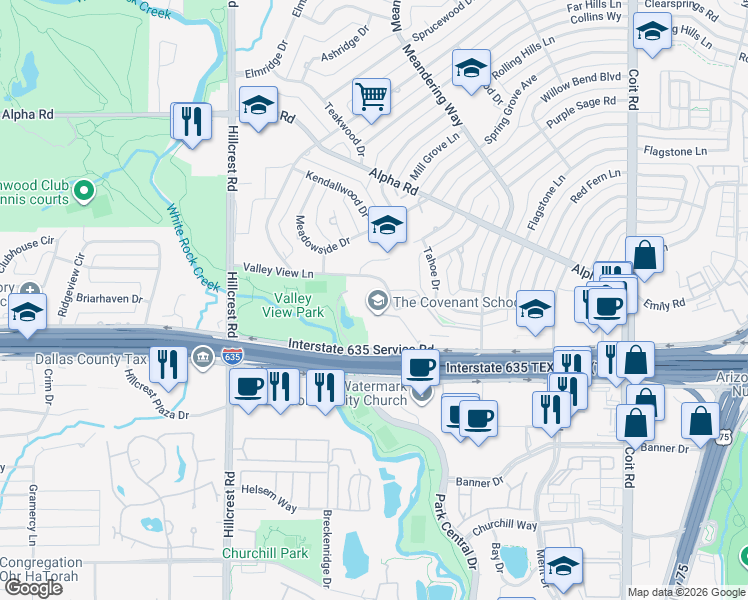 map of restaurants, bars, coffee shops, grocery stores, and more near 7300 Valley View Lane in Dallas
