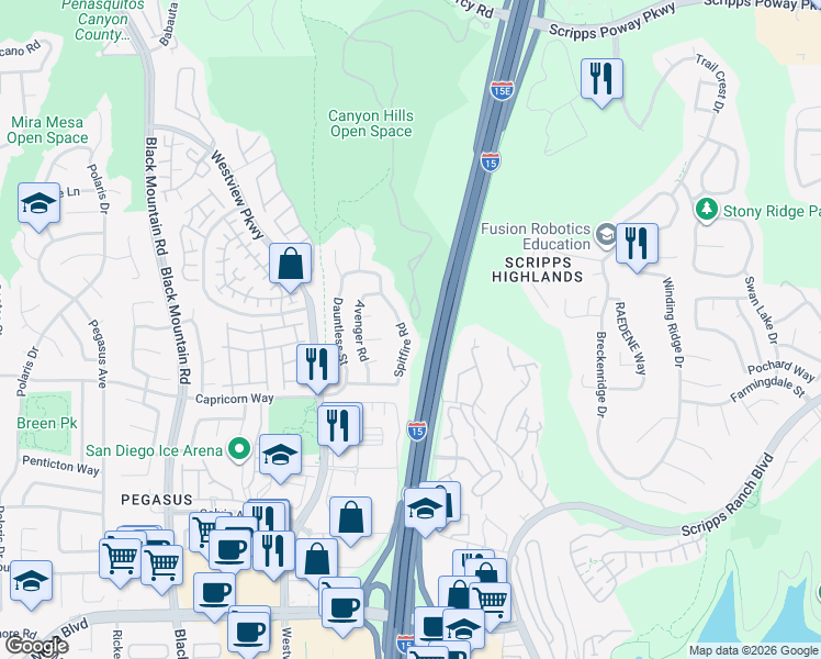 map of restaurants, bars, coffee shops, grocery stores, and more near 11397 Spitfire Road in San Diego