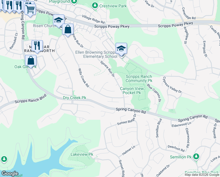 map of restaurants, bars, coffee shops, grocery stores, and more near 11428 Bracken Fern Cove in San Diego