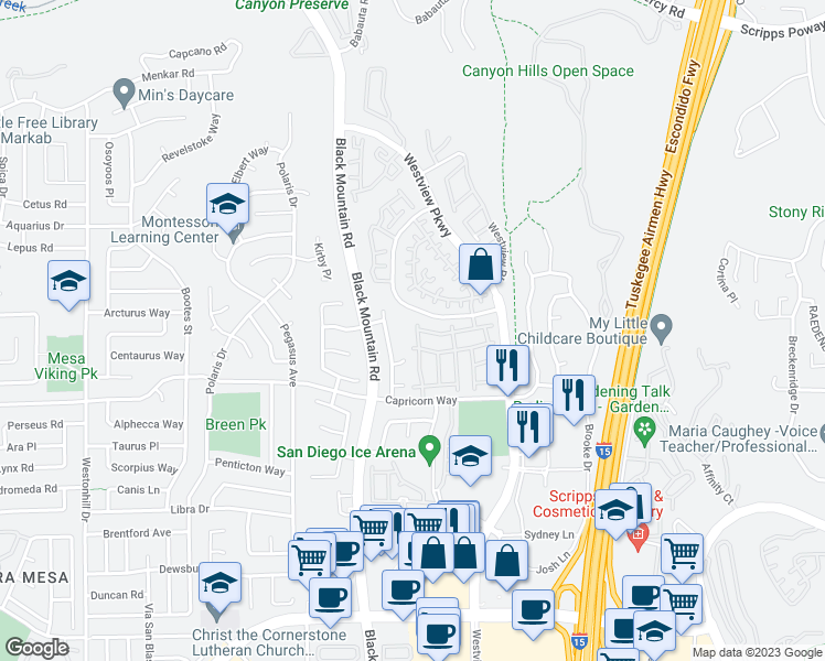 map of restaurants, bars, coffee shops, grocery stores, and more near 9407 Compass Point Drive South in San Diego