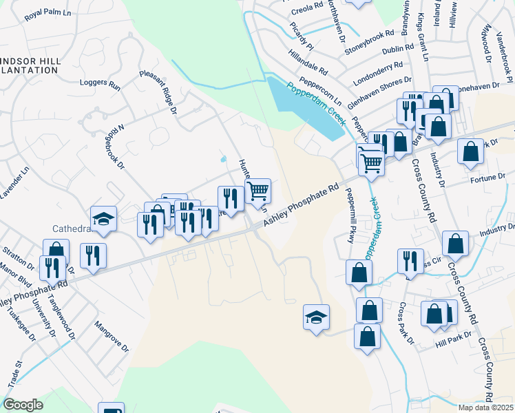 map of restaurants, bars, coffee shops, grocery stores, and more near 7541 Hunters Ridge Lane in North Charleston