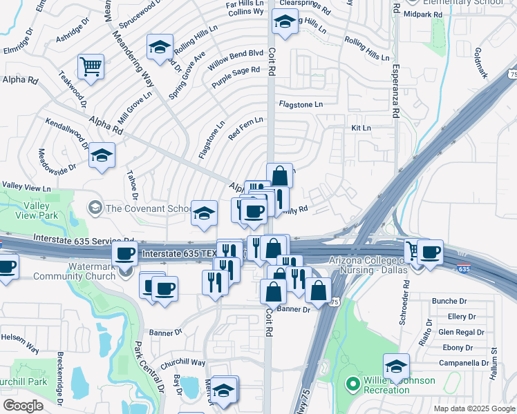 map of restaurants, bars, coffee shops, grocery stores, and more near 13033 Coit Road in Dallas