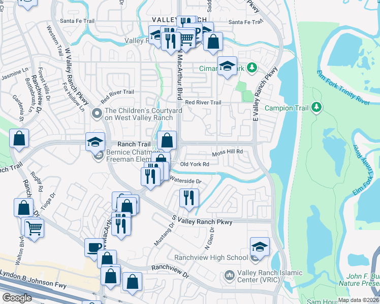 map of restaurants, bars, coffee shops, grocery stores, and more near 8712 Falls Road in Irving
