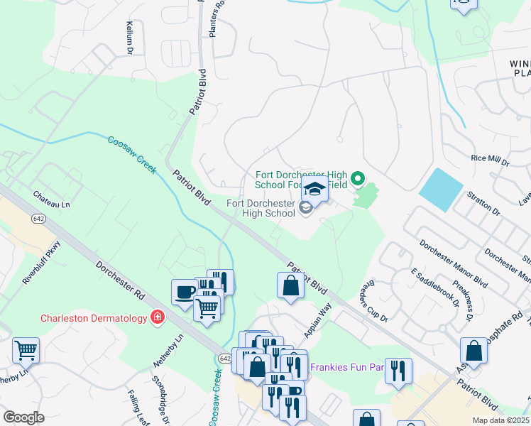 map of restaurants, bars, coffee shops, grocery stores, and more near 8631 Arthur Hills Circle in Charleston