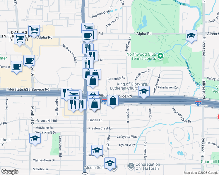 map of restaurants, bars, coffee shops, grocery stores, and more near 6201 Twin Oaks Circle in Dallas