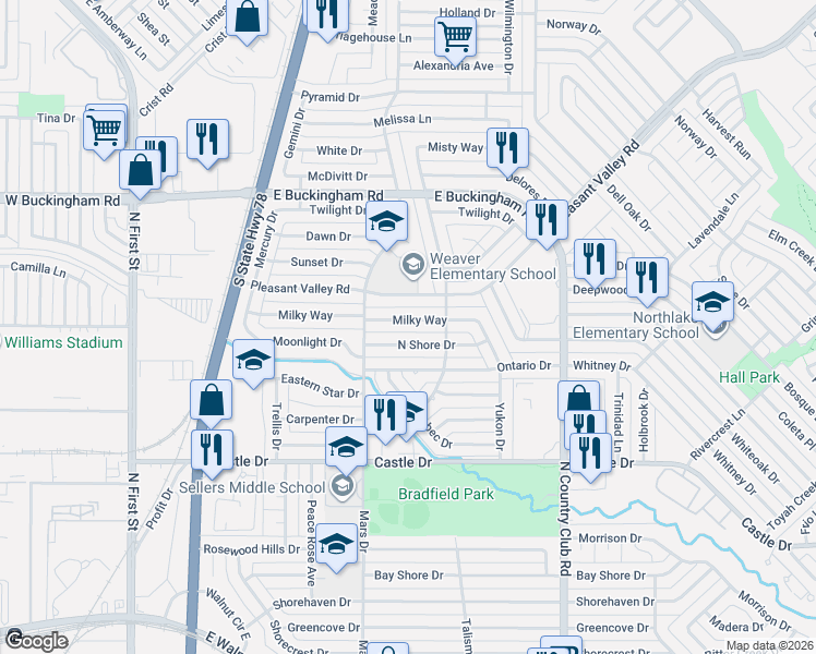 map of restaurants, bars, coffee shops, grocery stores, and more near 910 Milky Way in Garland