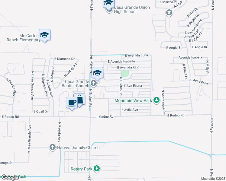map of restaurants, bars, coffee shops, grocery stores, and more near 1178 East Delano Drive in Casa Grande