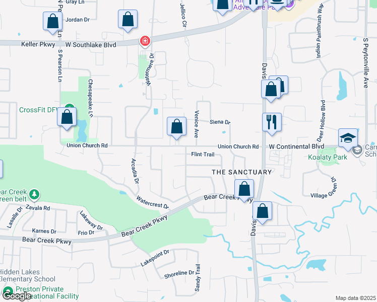 map of restaurants, bars, coffee shops, grocery stores, and more near 2801 Flint Trail in Keller